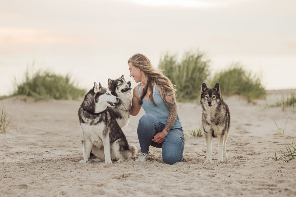 Hundefotograf Kiel – Fotoshooting mit Huskies in Laboe Hundefotograf Kiel – Huskies beim Fotoshooting am Strand von Laboe
