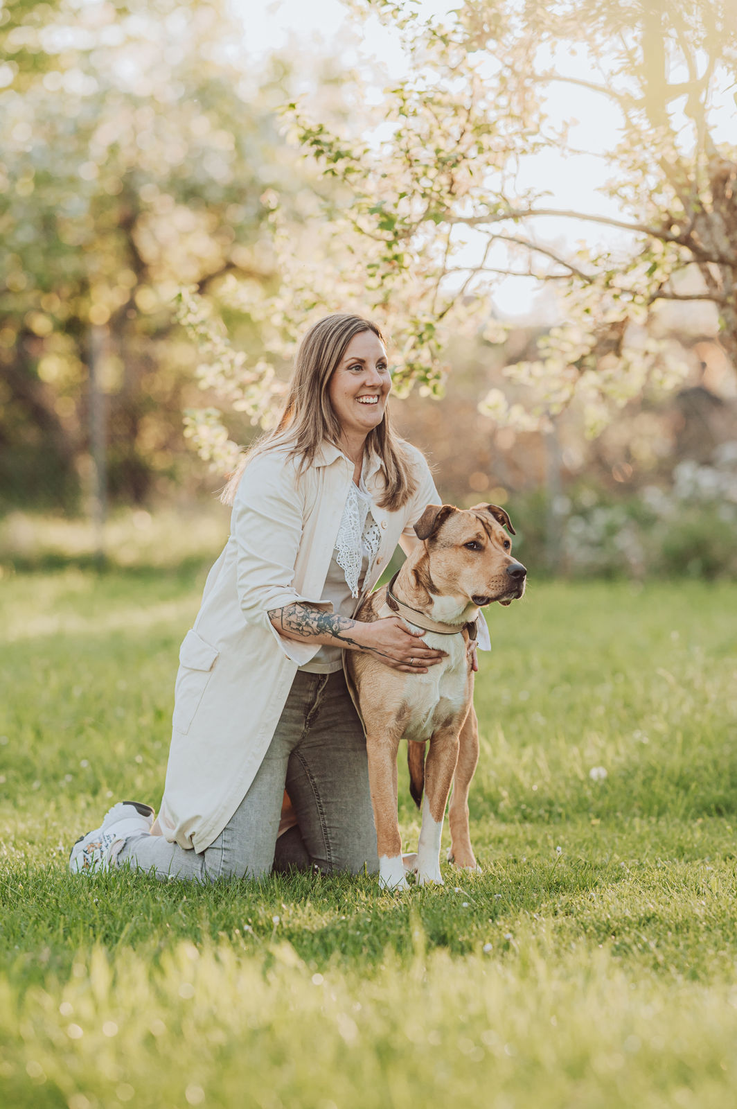 Amstaff Bolek Portrait sitzt zwischen Elisas Beinen schaut in Kamera Frankfurt