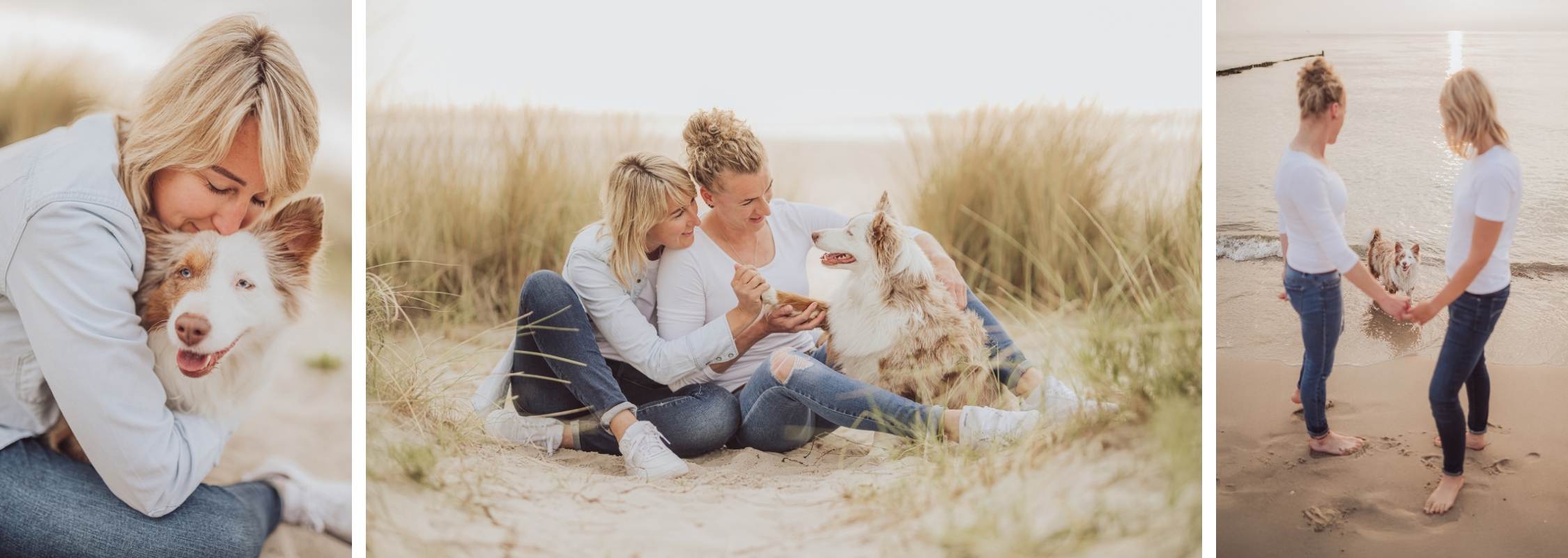 Zwei Frauen mit blauäugigem Australian Shepherd in den Dünen beim Hundefotoshooting an der Ostsee