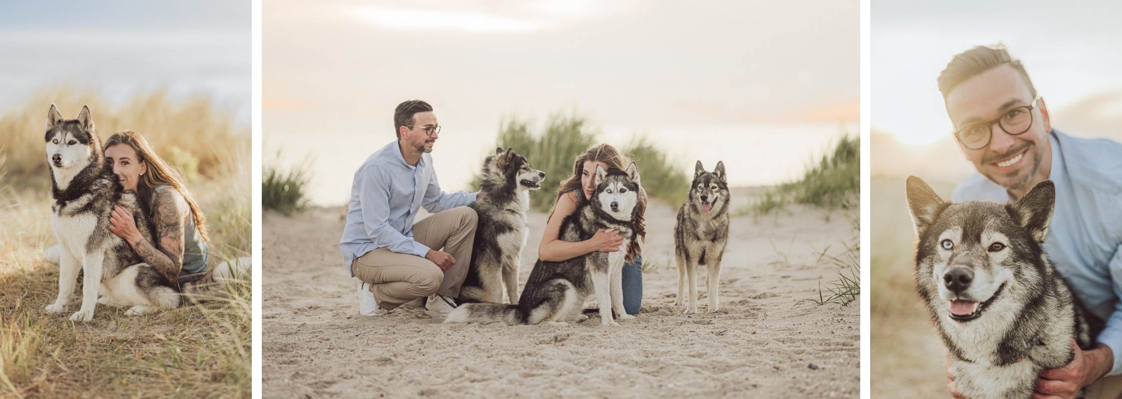 Pärchen mit drei Huskies in den Dünen beim Hundefotoshooting an der Ostsee bei Kiel & Laboe – Hundefotografin Rike 