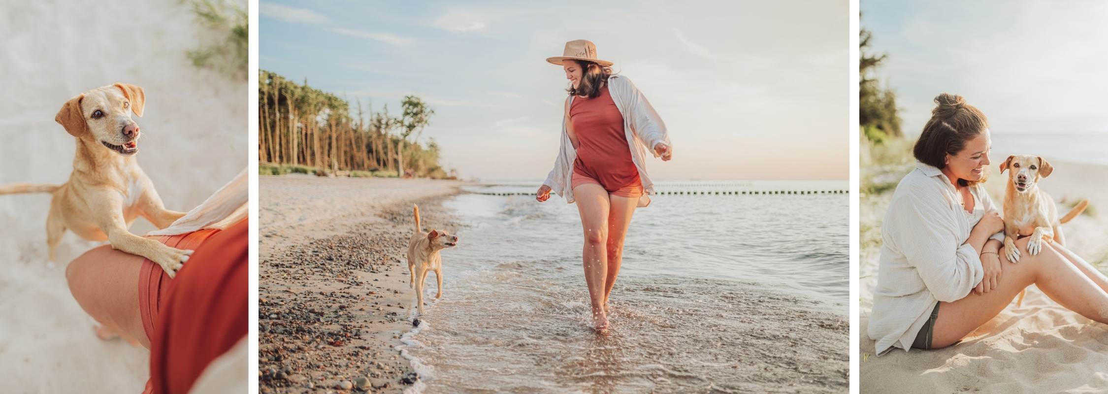 Frau läuft barfuß mit ihrem Mischling durch die Wellen an der Ostsee beim Hundefotoshooting