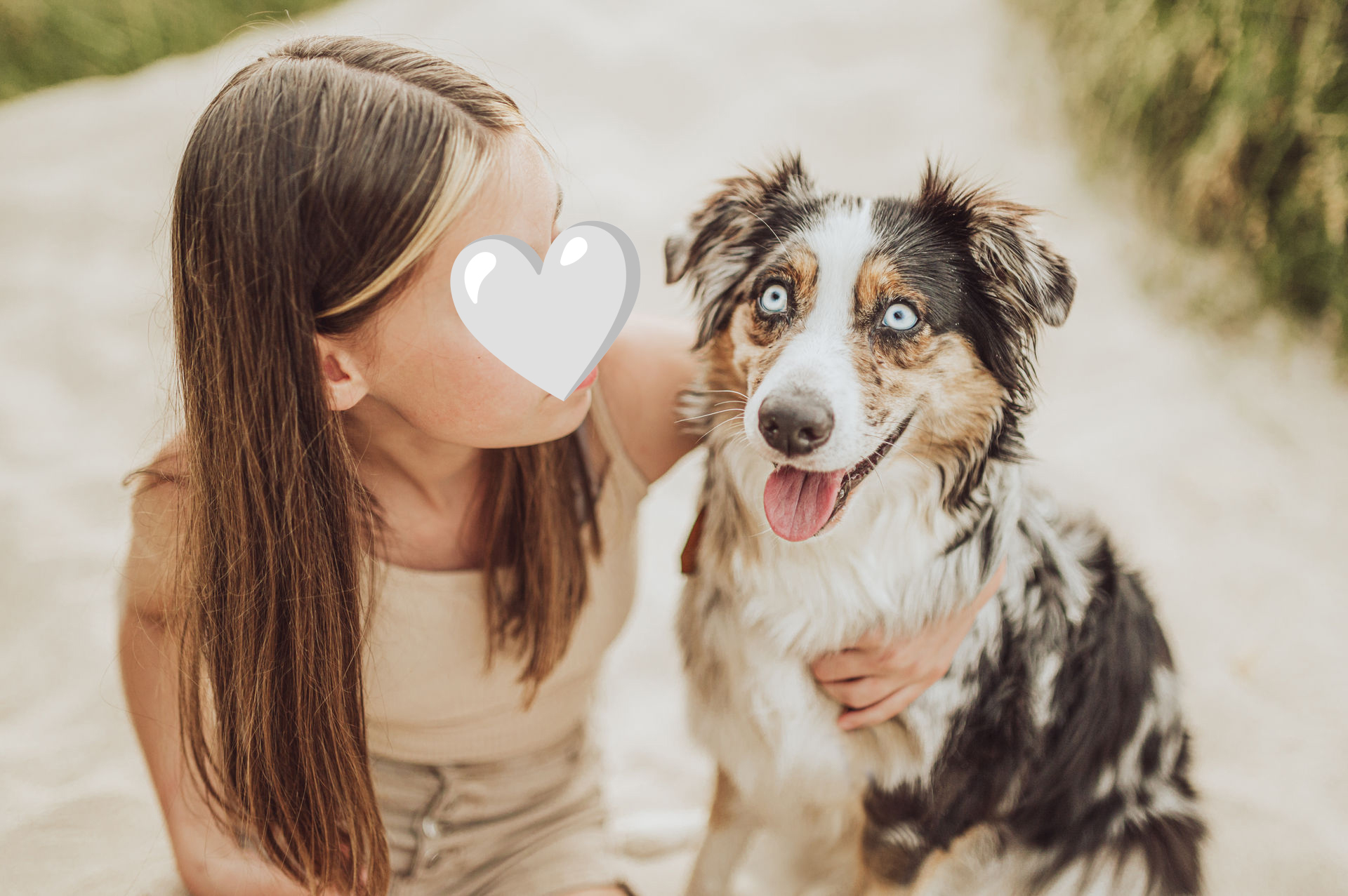 Familienfotoshooting mit Hund am Strand Maedchen und Australian Shepherd Luna schauen sich an Ostseestrand Graal-Mueritz